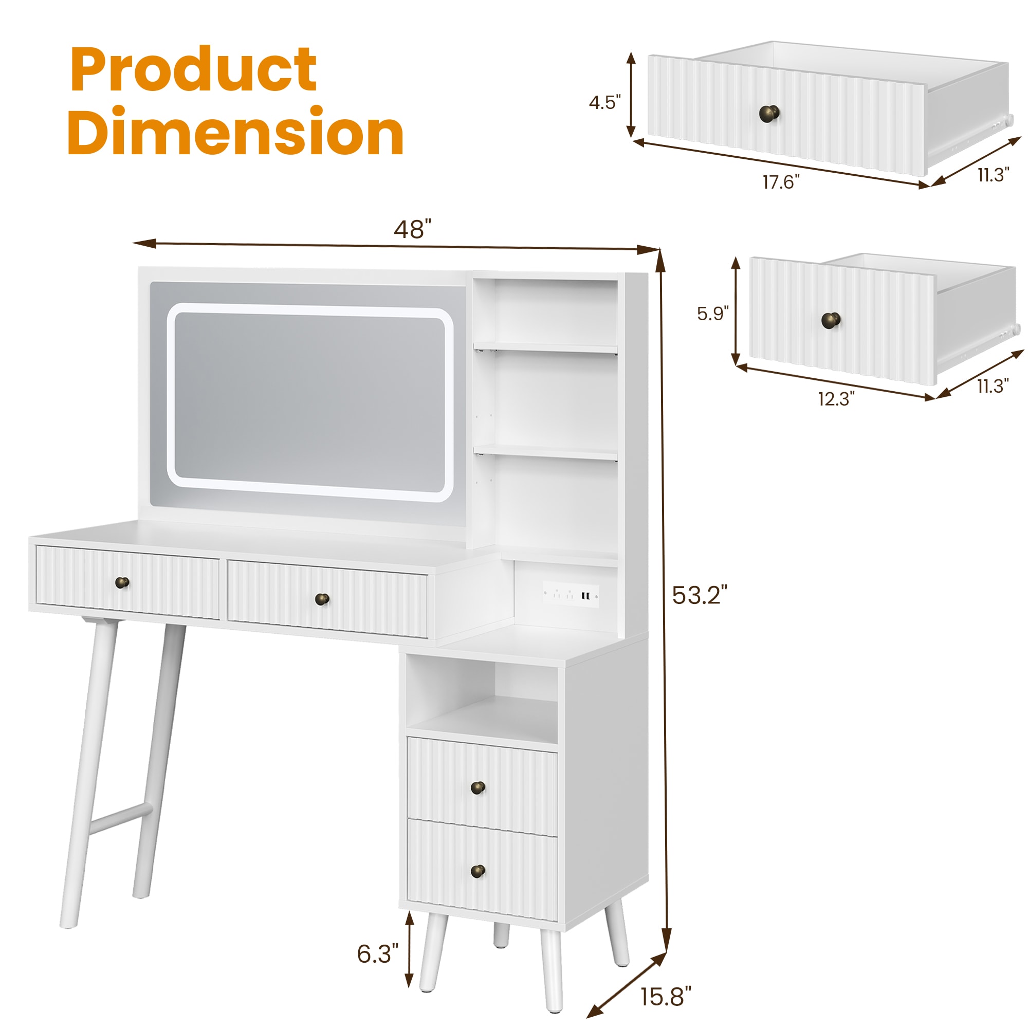 Fluted Vanity Desk With LED Lighted Mirror, Makeup Table With Drawers, 3 Lighting Colors Touch Control, For Bedroom, White_voghion.com
